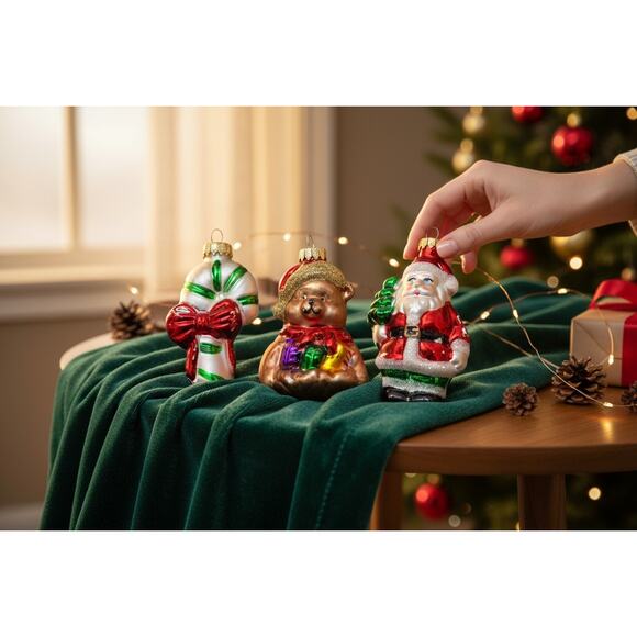 Set of 3 Glass Christmas Ornaments-Santa-Teddy Bear-Candy Cane-Vintage-Holiday - Picture 2 of 6